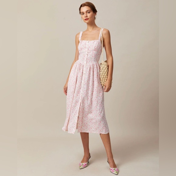 NWT! The Pink Square Neck Pleated Floral Midi Dress - Picture 2 of 8